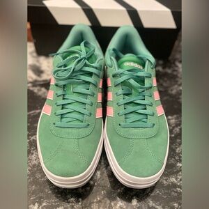 adidas Green Suede Sneakers with Pink Stripes